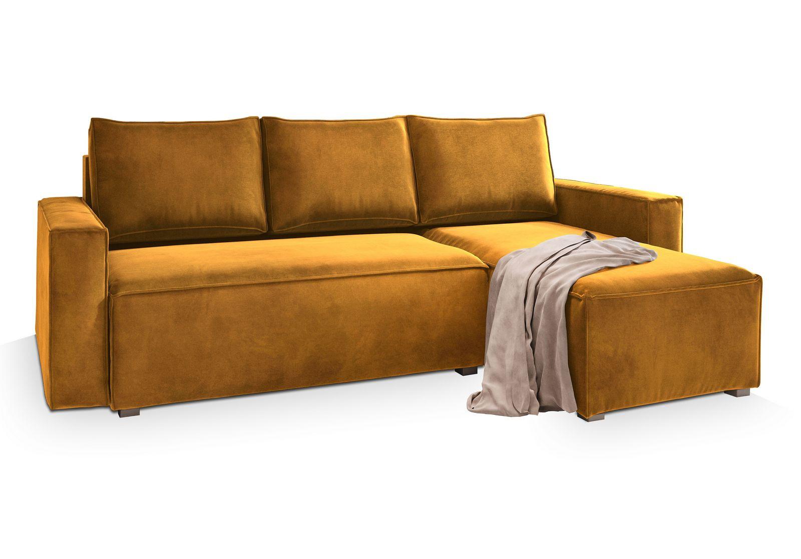 ECKSOFA SILES Gelb Velours-Stoff mit Schlaffunktion - Gelb/Grau, Holz/Kunststoff (230/140cm) - MASSENO
