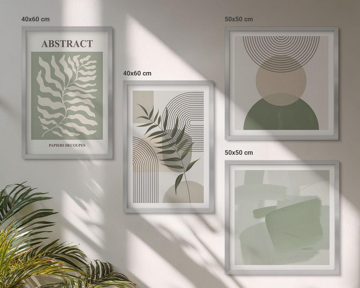 BILDER SET 4er Set - 50x50 cm & 40x60 cm Silberner Rahmen - Botanische Boho-Abstraktionen - Silberfarben, Kunststoff (50/50cm) - TULUP