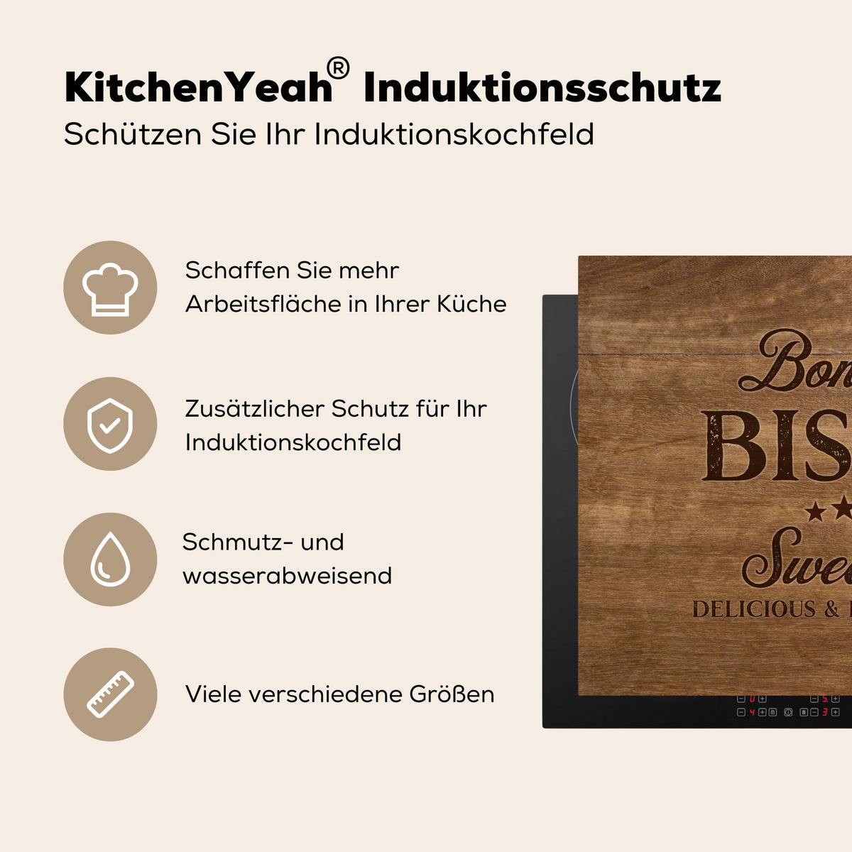HERDABDECKPLATTE Zitat - Bistro - Guten Appetit - Süßes Zuhause - Holzmaserung Herdabdeckung Induktionsfeld 70x52 cm - Braun, Kunststoff (70/52/0.2cm) - MuchoWow