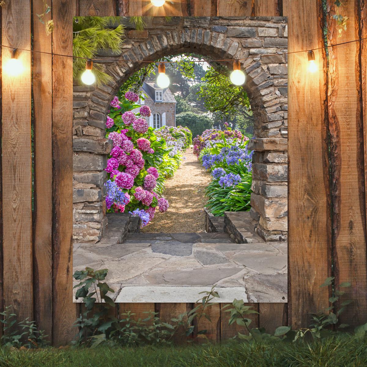 GARTENPOSTER Blumen - Guck-guck - Hortensie - Sommer Gartendekoration 120x160 cm - Braun, Kunststoff (120/160/0.2cm) - OnlyWow