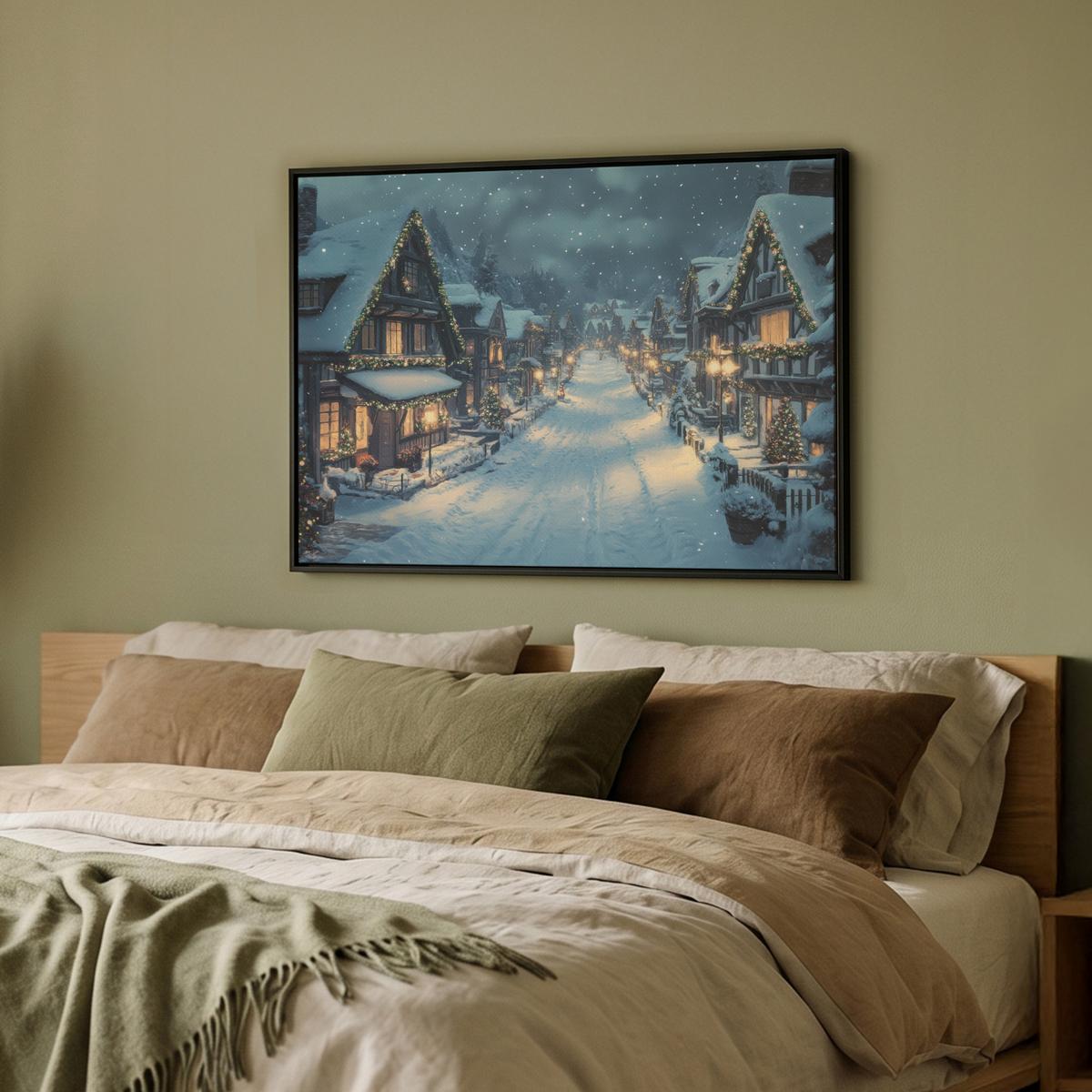 LEINWAND Bilder mit Rahmen - Weihnachtsdorf - Weihnachten - Schnee - Winter - 70x50 - Dunkelblau, Textil (70/50cm) - MuchoWow