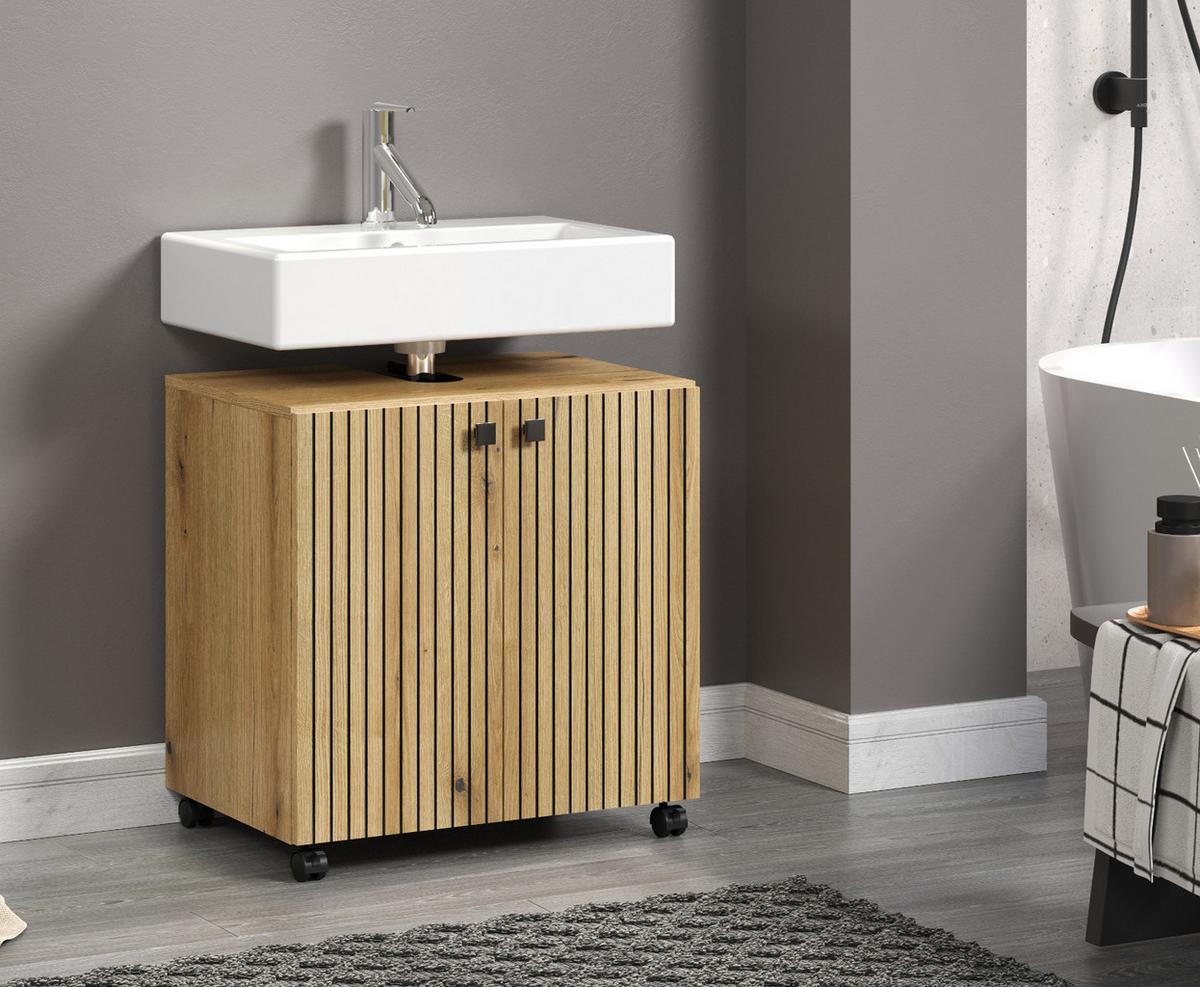 WASCHBECKENUNTERSCHRANK Evoke Eiche 60 cm, Badschrank auf Rollen - Eichefarben/Schwarz, Holzwerkstoff/Kunststoff (60/64/42cm) - Top.Furn