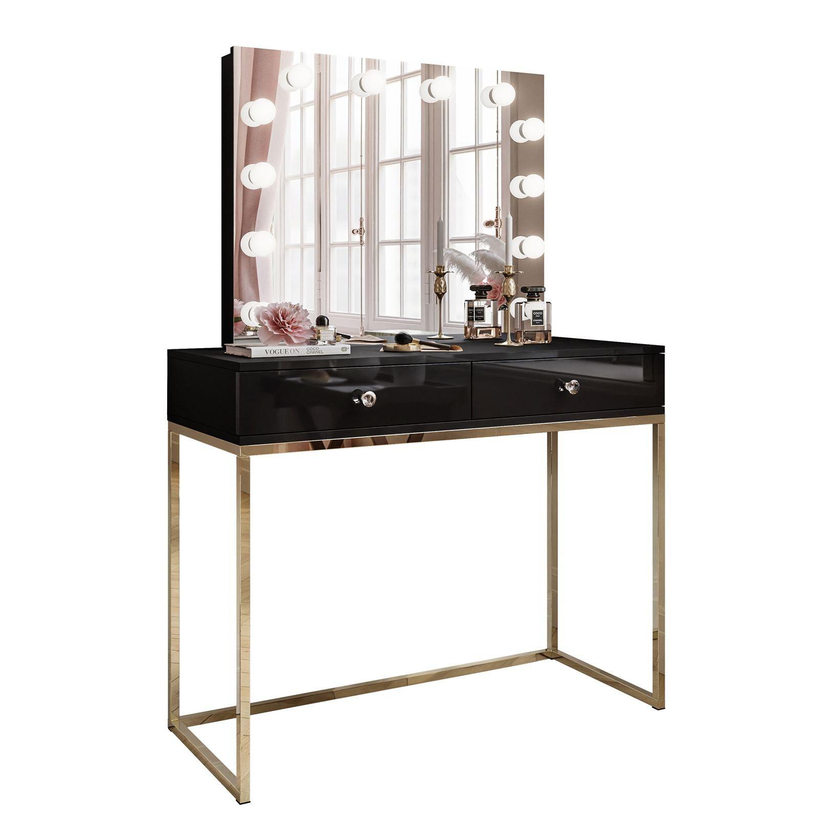 SCHMINKTISCH BLANCO ELITE mit Spiegel und Beleuchtung Gold Chrom Schwarz Hochglanz Kristallgriff - Schwarz Hochglanz/Transparent, Holzwerkstoff (100/146/42cm) - Lookway