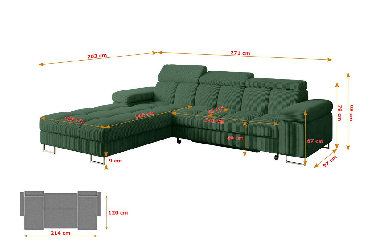 ECKSOFA mit Schlaffunktion Ottomane Links 271x203x79 Grün Cord - Waldgrün, Holzwerkstoff/Textil (271/203cm) - ALTDECOR