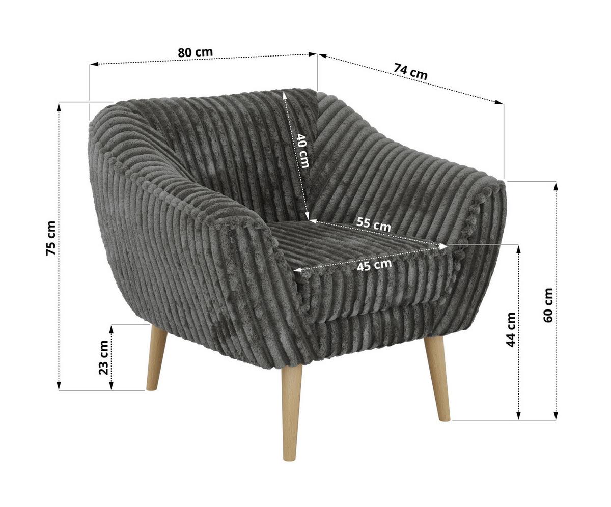 SESSEL PIRS - Grau Cord - Holzbeine - Buchefarben/Grau, Holzwerkstoff/Textil (80/75/74cm) - MKS