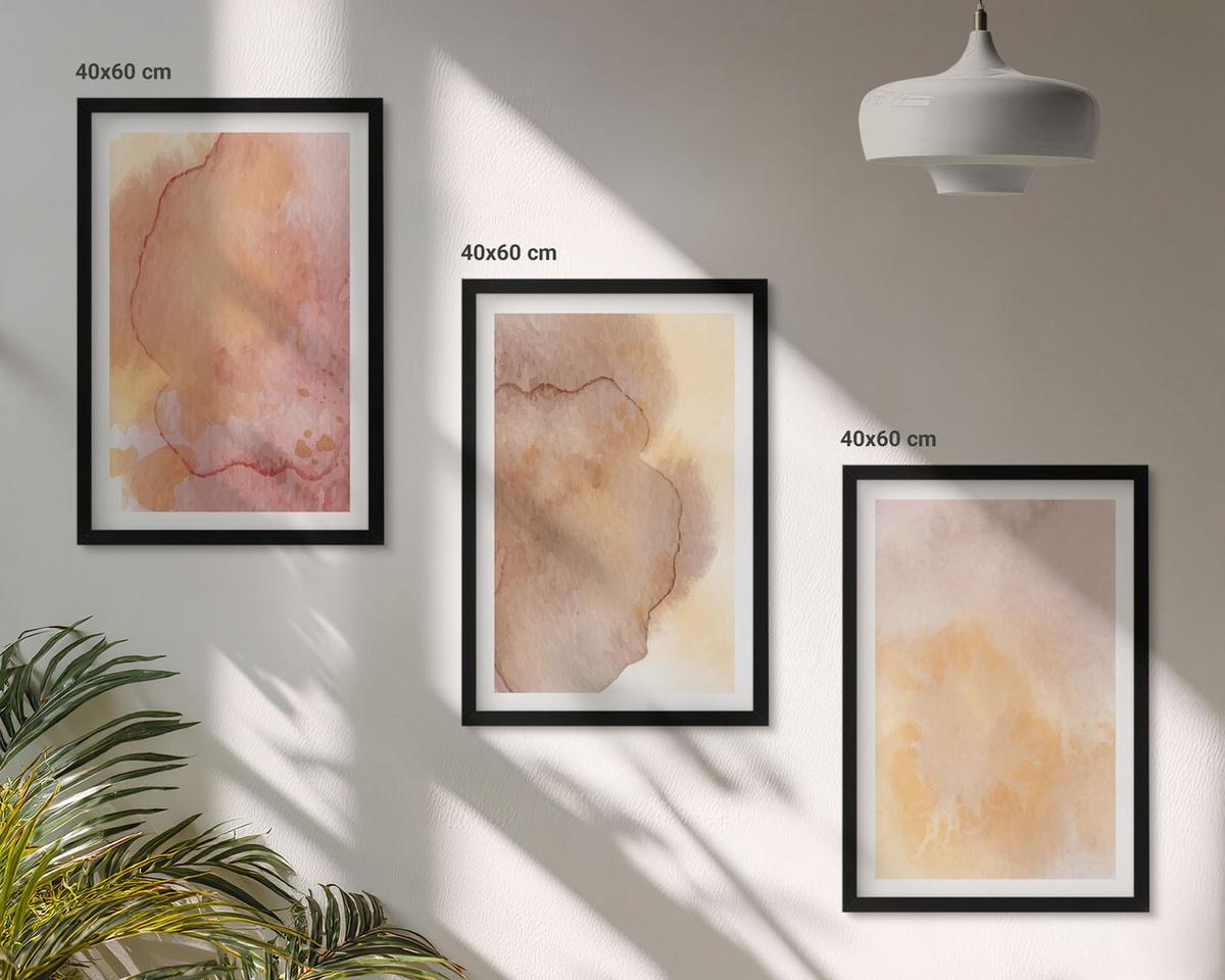 BILDER SET 3er Set - 40x60 cm Schwarzer Rahmen - Warme, farbenfrohe Aquarelltexturen - Schwarz, Kunststoff (40/60cm) - TULUP