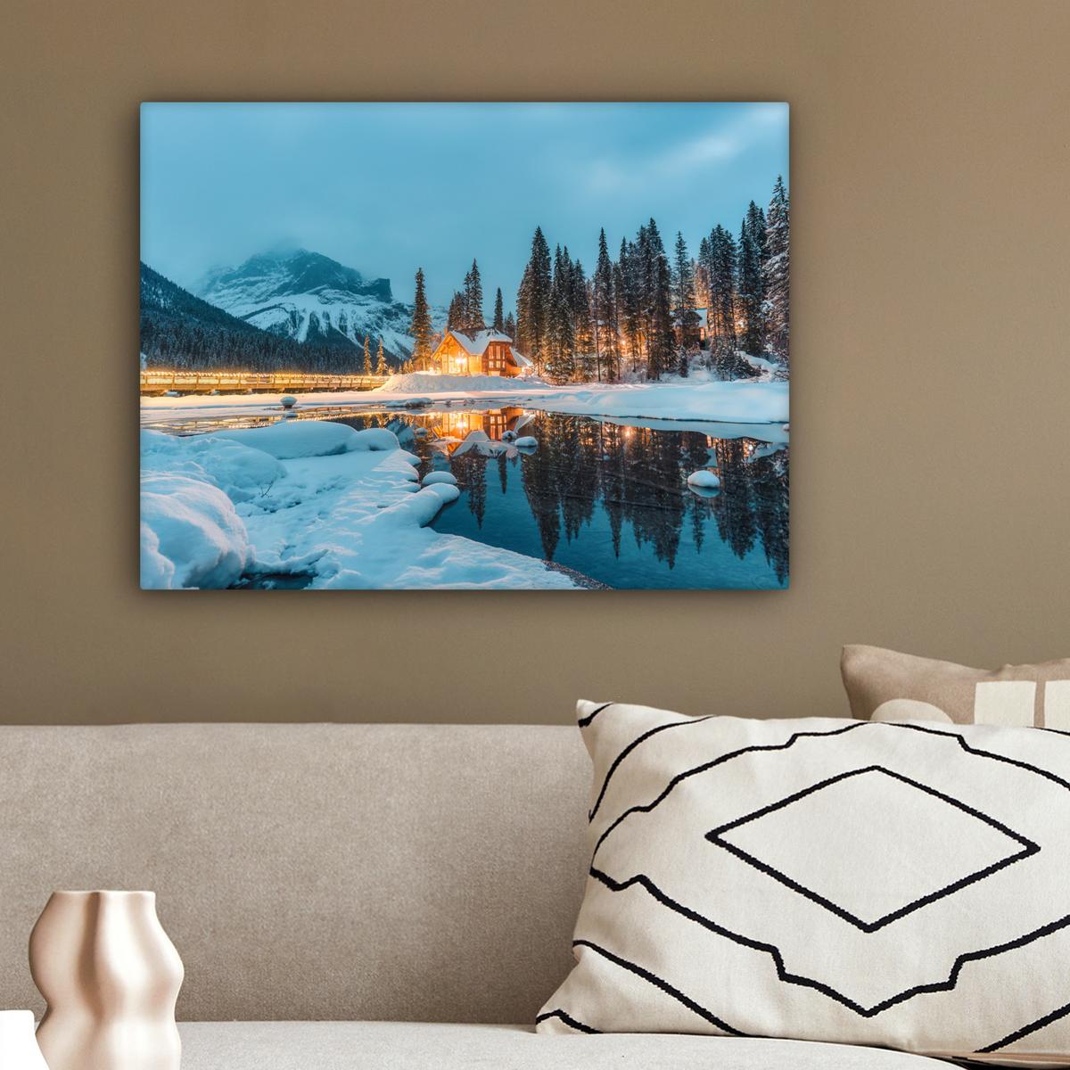 LEINWANDBILD Winterlandschaft - Natur - Haus - Berge - Schnee Wandbild 40x30 cm - Hellblau, Textil (40/30cm) - MuchoWow