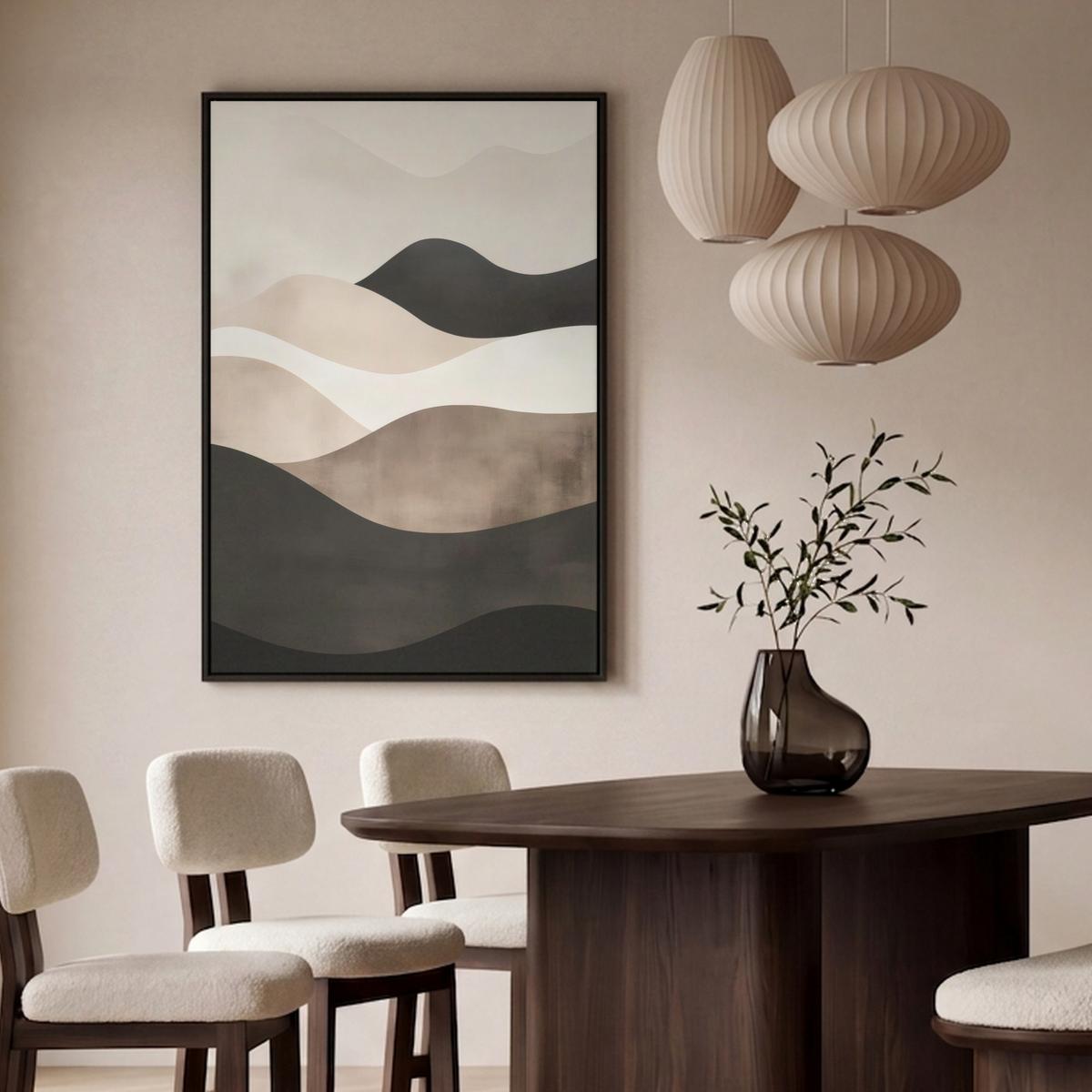 LEINWAND Bilder mit Rahmen - Abstrakt - Landschaft - Wellen - Cremefarben - 100x150 - Cappuccino, Textil (100/150cm) - MuchoWow
