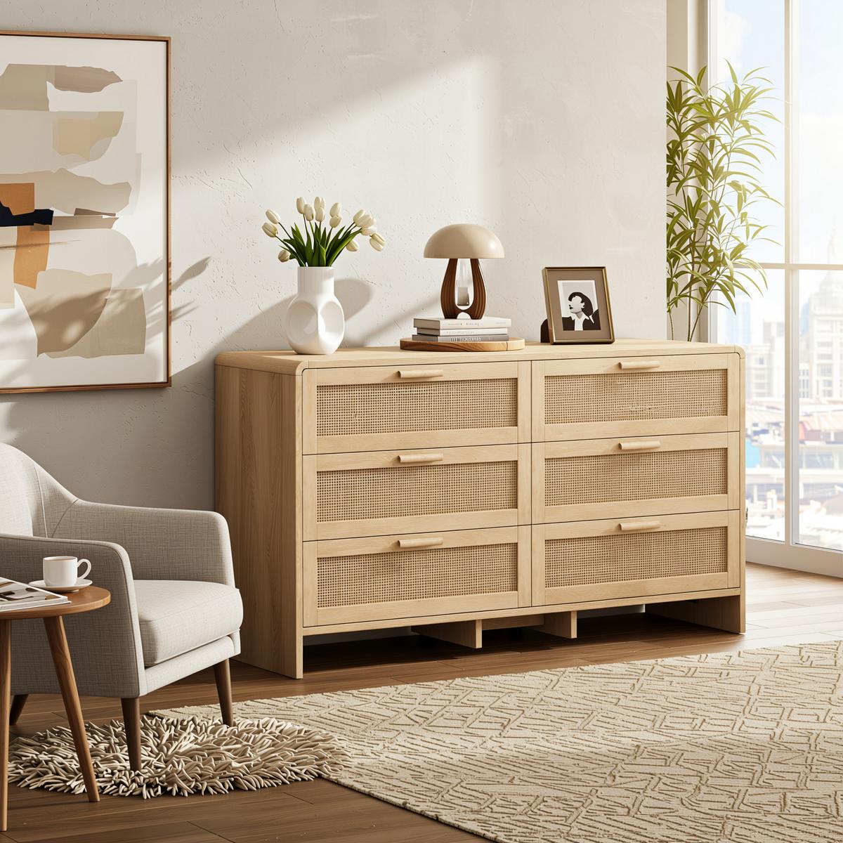 SIDEBOARD holzwerkstoff in natur mit rattan geflecht, abgerundete ecken & 6 schubladen - Naturfarben, Holzwerkstoff (130/74/40cm) - Urban Meuble