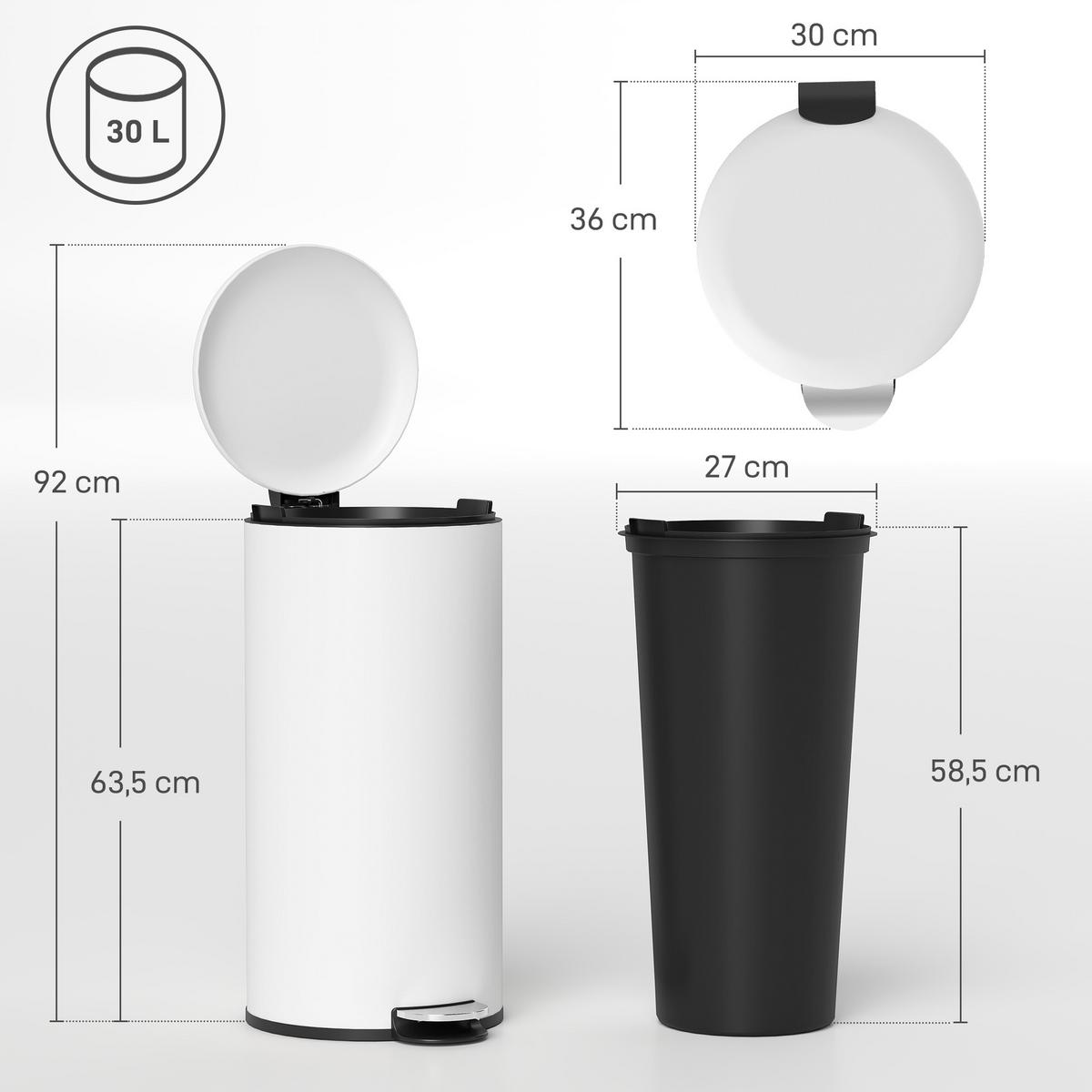 MÜLLEIMER 30L Treteimer mit Deckel Fußpedal Inneneimer, Wohnzimmer Büro Metall - Weiß, Kunststoff (30/63.5/36cm) - HOMCOM