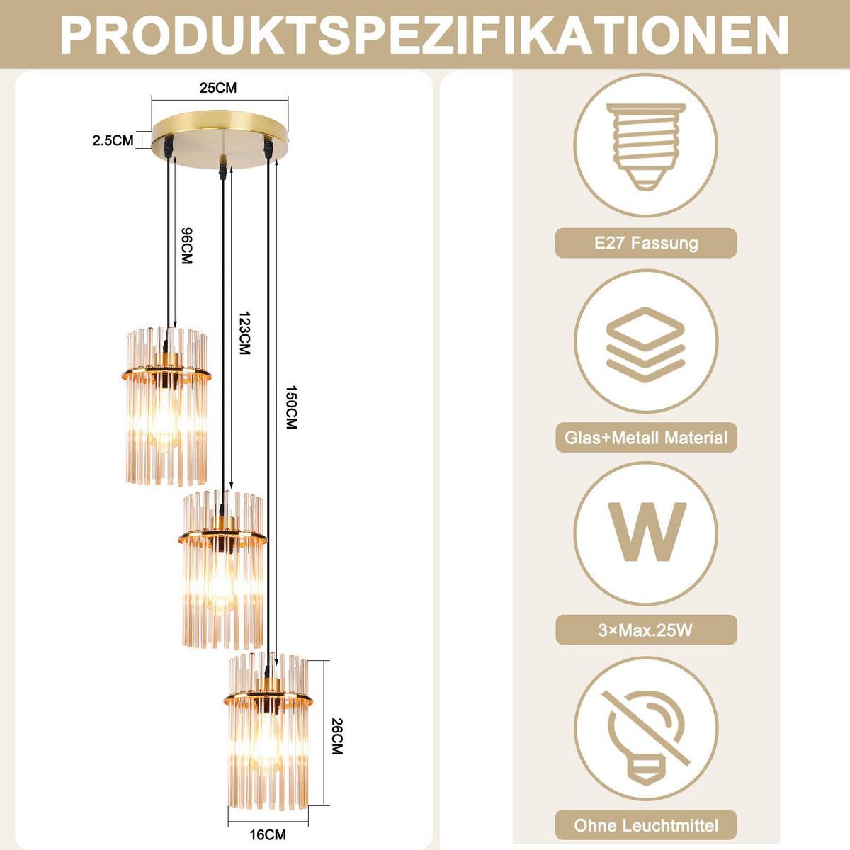 PENDELLEUCHTE BARRETT Ⅲ 25/25/150 cm - Goldfarben, Metall (25/25/150cm) - Nettlife