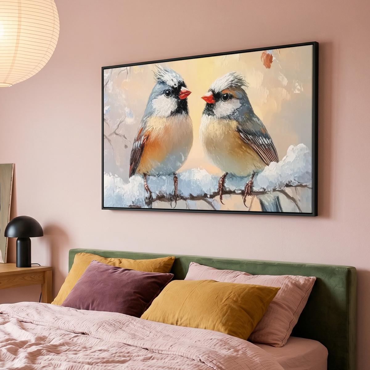 LEINWAND Bilder mit Rahmen - Vögel - Zweig - Winter - Schnee - 140x90 - Pastellblau, Textil (140/90cm) - MuchoWow