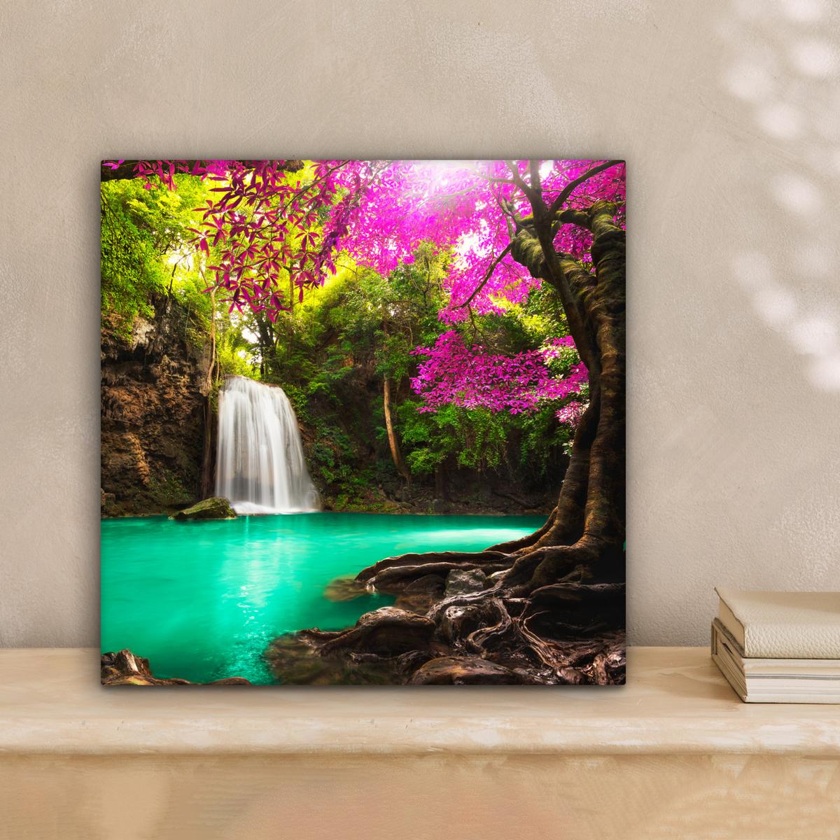 LEINWANDBILD Wasserfall mit bunten Blumen und Bäumen - Natur - Dschungel Deko Wohnzimmer 20x20 cm - Waldgrün, Textil (20/20cm) - MuchoWow