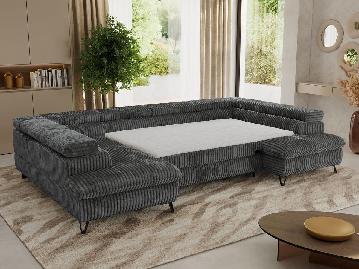 WOHNLANDSCHAFT PABLO U Cord Grau mit Topper Visco - Dunkelgrau/Schwarz, Textil/Metall (346/76/208cm) - MKS