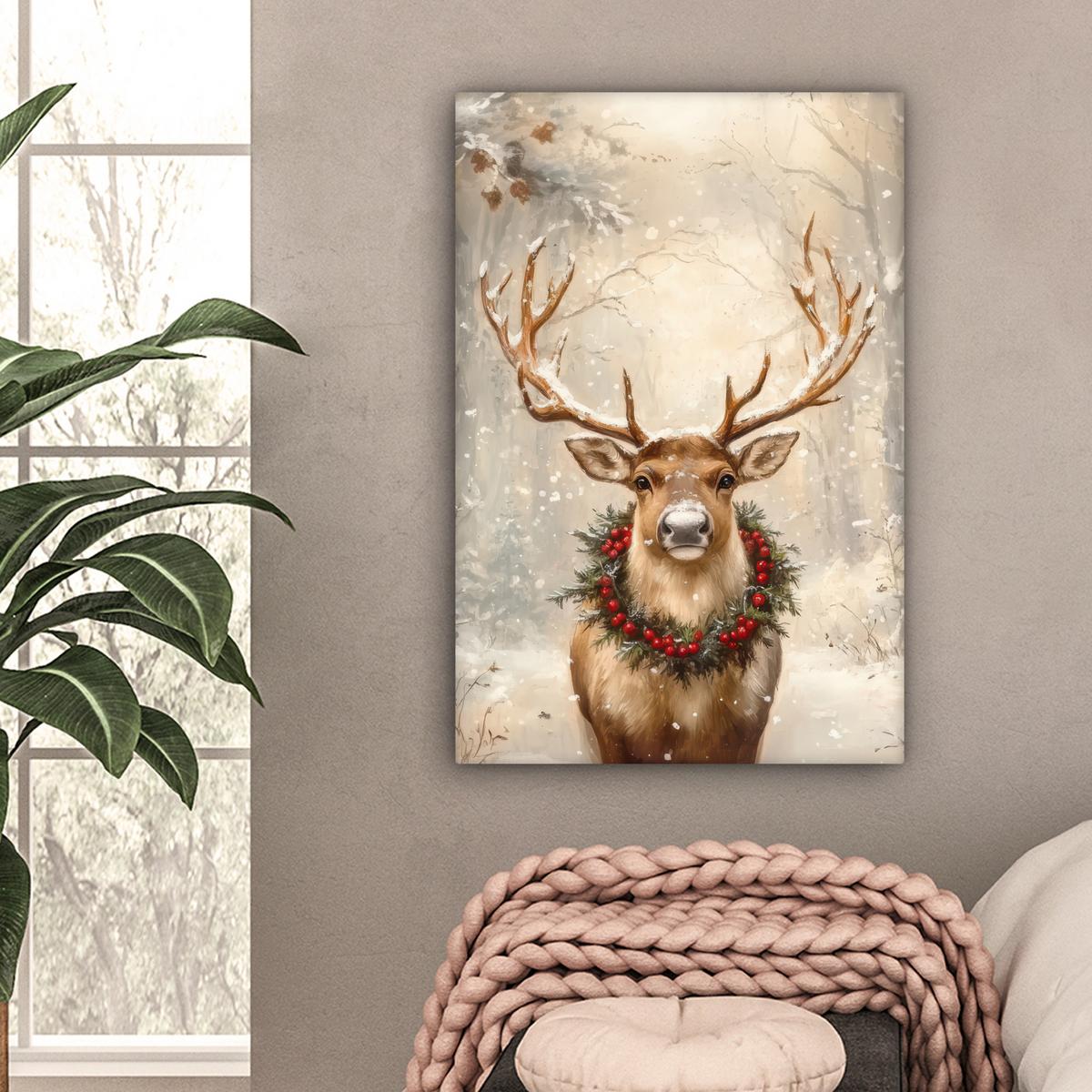 LEINWANDBILD Weihnachten - Rentier - Winter - Kranz Wanddeko Schlafzimmer 60x90 cm - Naturfarben, Textil (60/90cm) - MuchoWow
