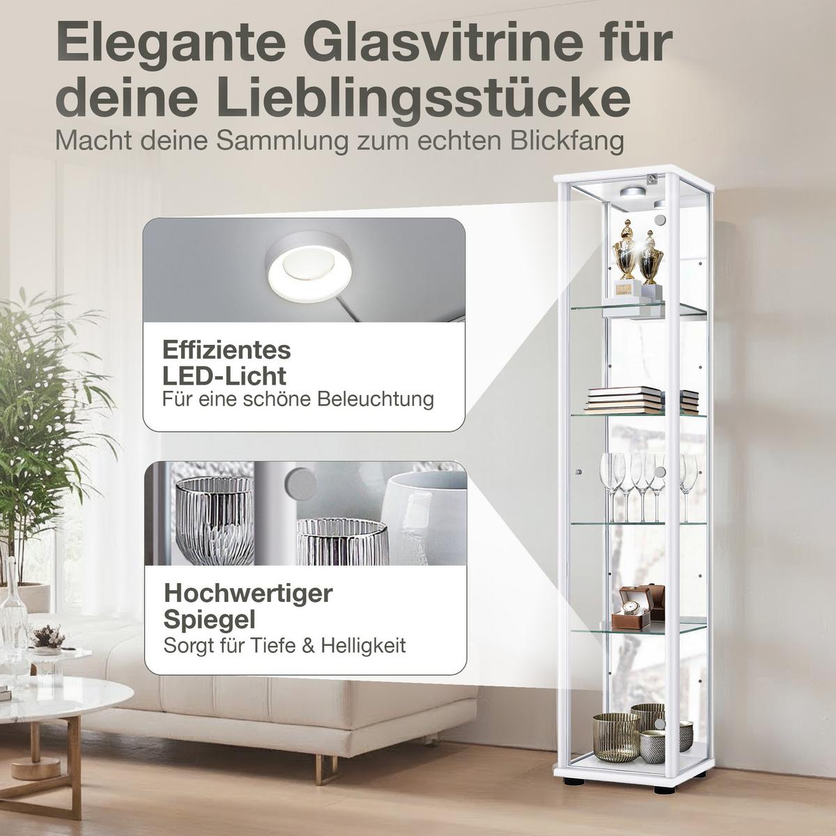 GLASVITRINE 33/37/176 cm mit Spiegel, LED, Schloss & 4 höhenverstellbaren Glasböden - Transparent/Silberfarben, Glas/Holzwerkstoff (37/176/33cm) - K-Möbel