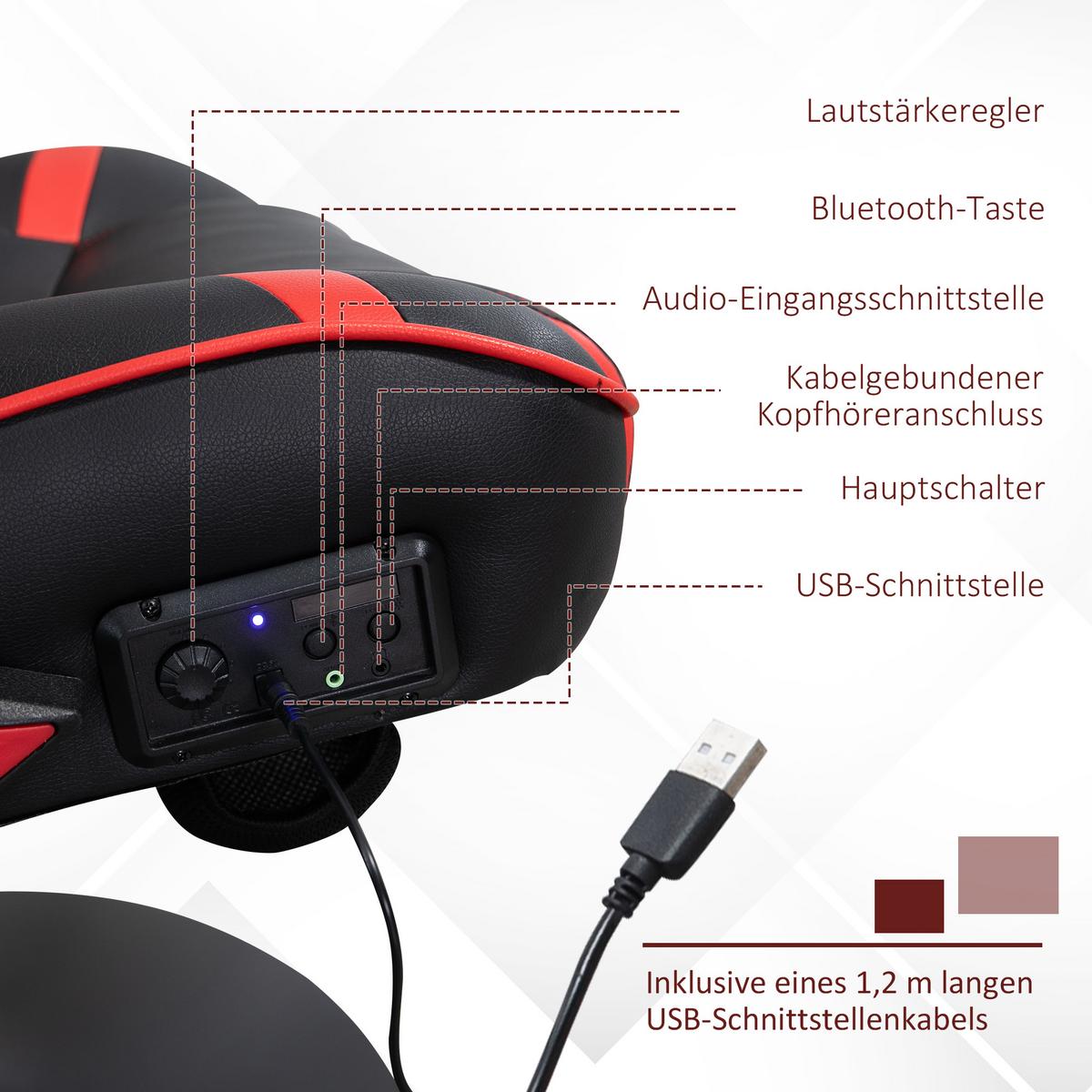 GAMINGSESSEL mit Wippfunktion Gaming Stuhl mit Lautsprecher Bürostuhl Kunstleder - Rot/Schwarz, Leder (73/118/69cm) - Vinsetto