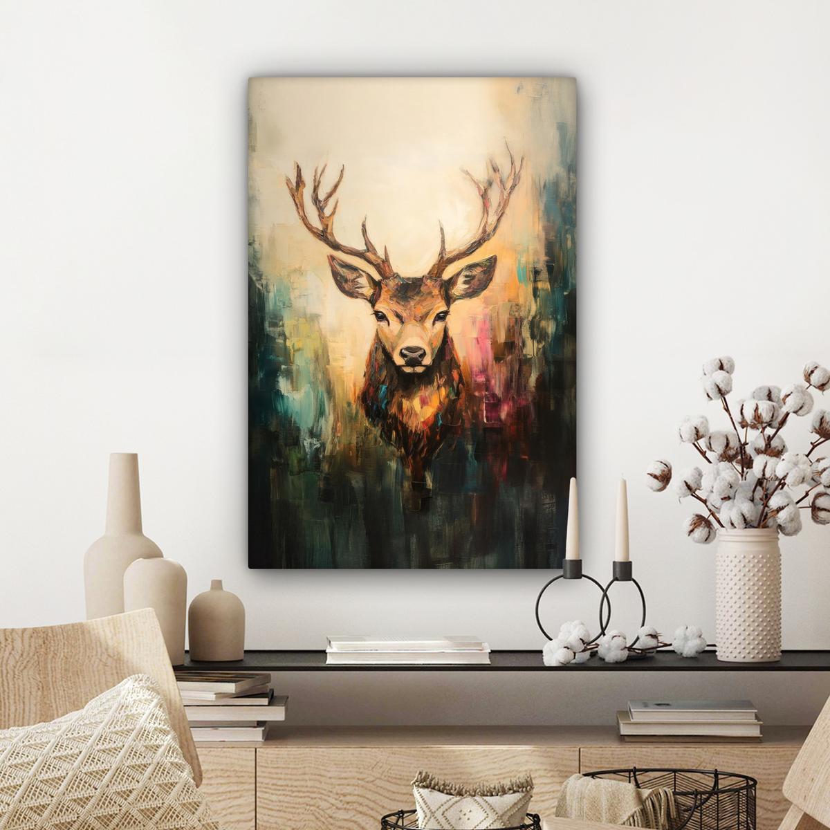 LEINWANDBILD Hirsch - Gemalt - Geweih - Braun Wanddeko Schlafzimmer 60x90 cm - Haselnussfarben, Textil (60/90cm) - MuchoWow