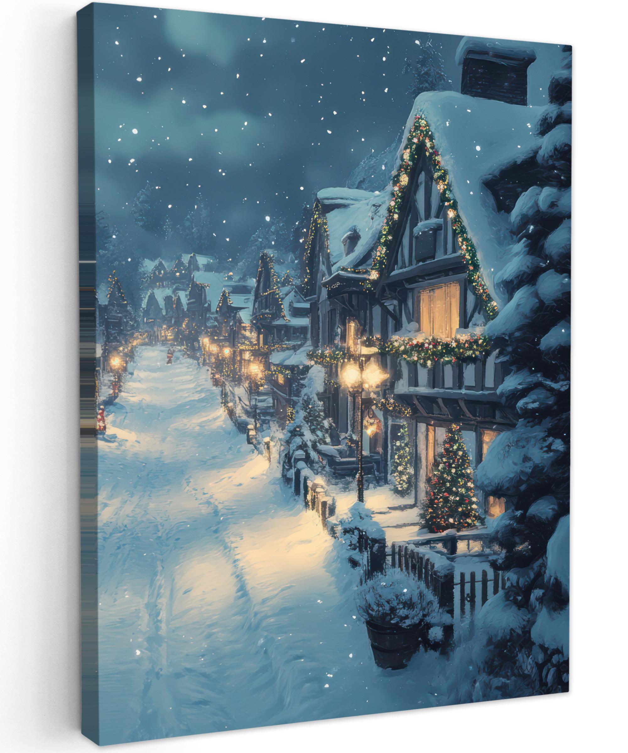 LEINWANDBILD Weihnachtsdorf - Weihnachten - Schnee - Winter Room Decor 30x40 cm - Dunkelblau, Textil (30/40cm) - MuchoWow