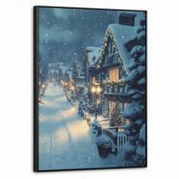 LEINWAND Bilder mit Rahmen - Weihnachtsdorf - Weihnachten - Schnee - Winter - 70x100 - Dunkelblau, Textil (70/100cm) - MuchoWow
