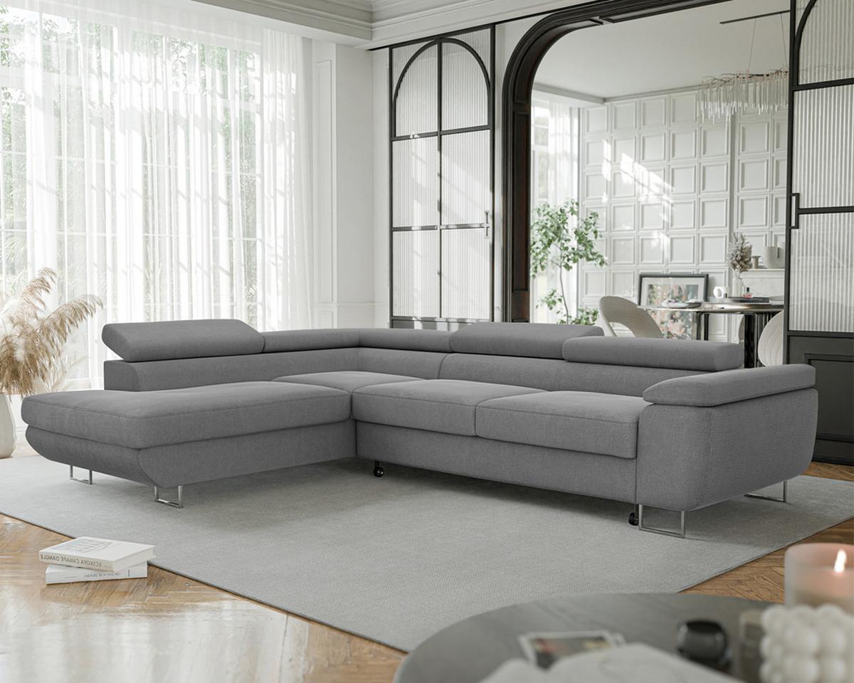 ECKSOFA ANTON links, mit Schlaffunktion und Bettkasten Dunkelgrau - Chromfarben/Dunkelgrau, Textil/Metall (274/203cm) - Idohome
