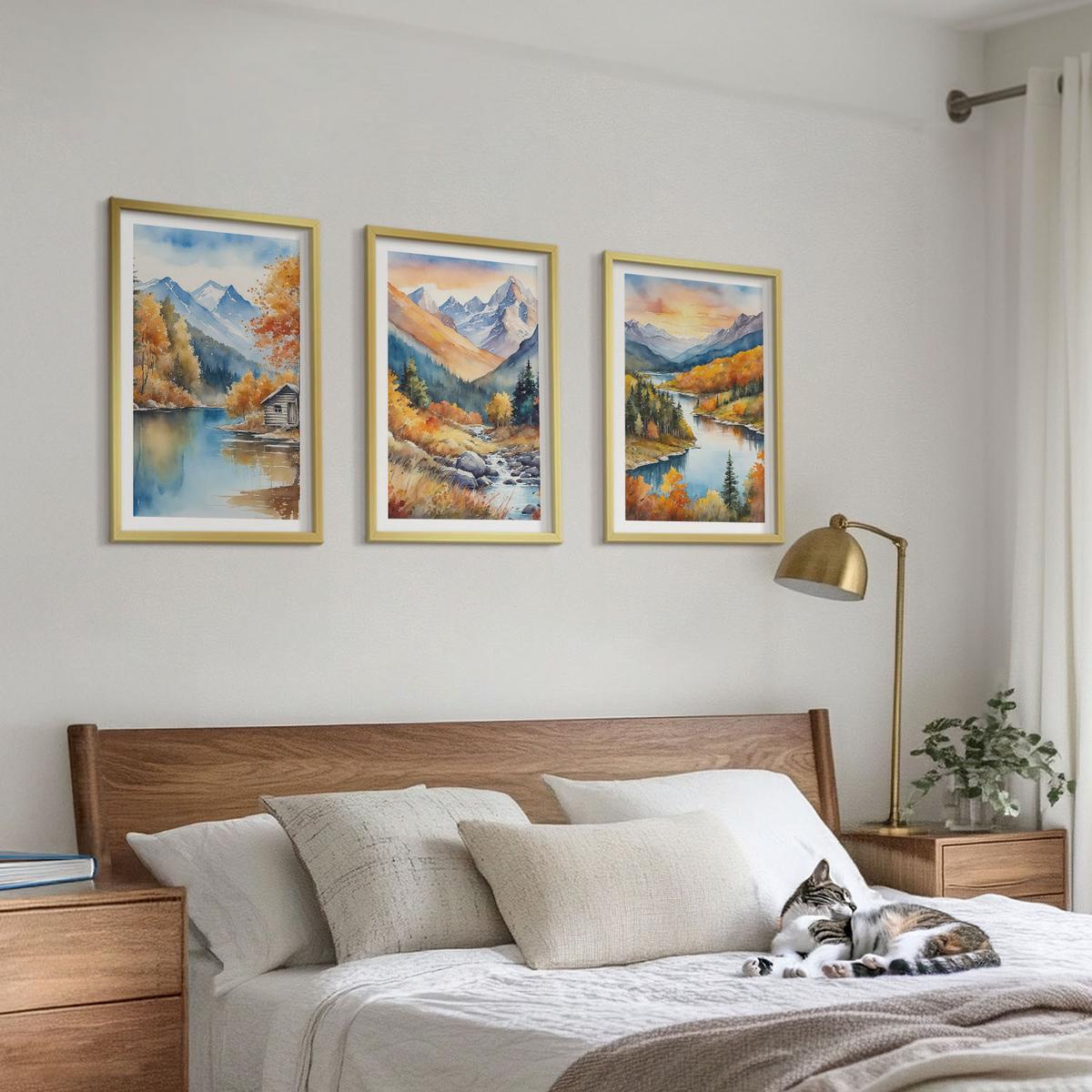 BILDER SET 3er Set - 40x60 cm Goldrahmen - Berglandschaft, Fluss, Herbst - Goldfarben, Kunststoff (40/60cm) - TULUP