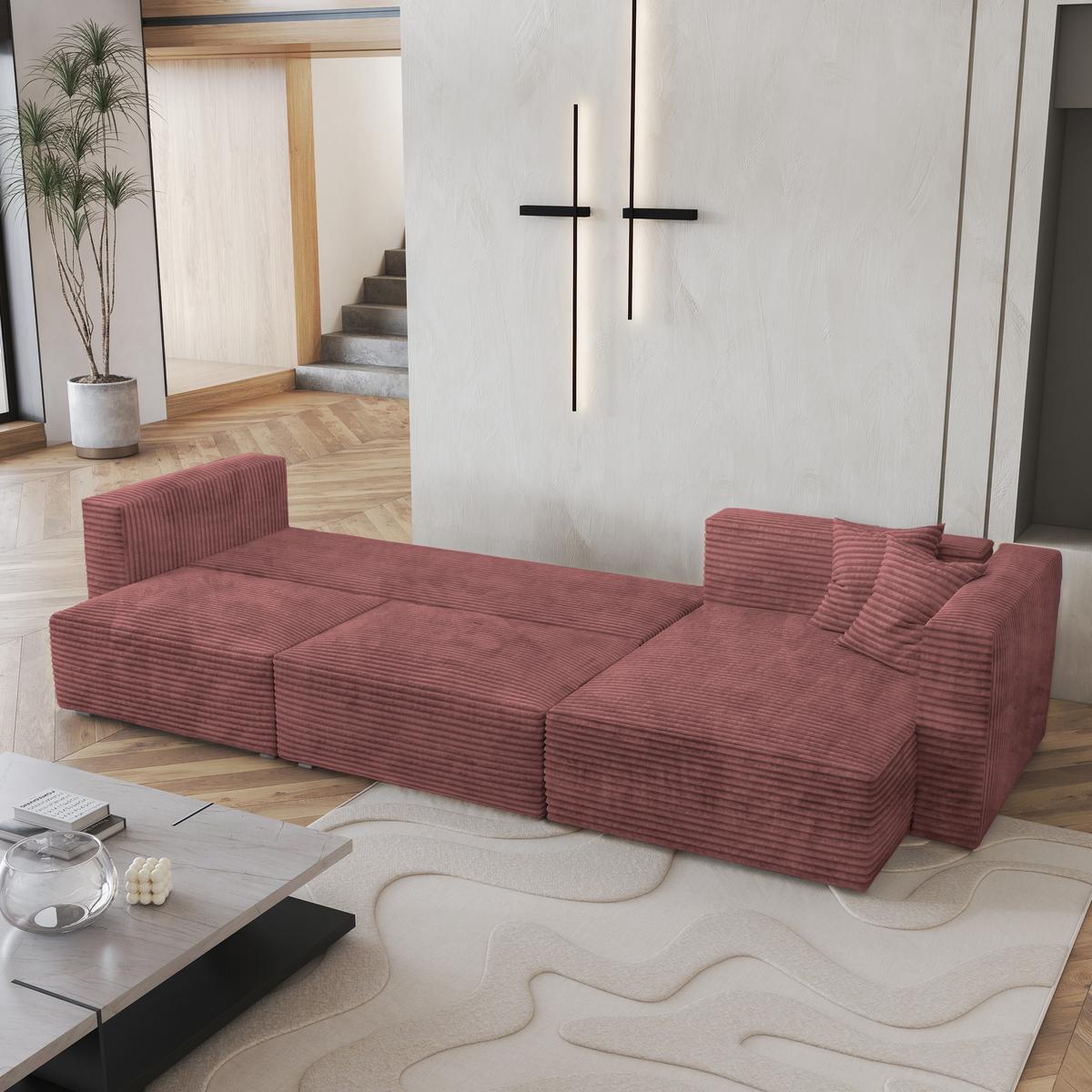 ECKSOFA TOLMO Rosa Kordstoff mit Schlaffunktion - Rosa/Grau, Holz/Kunststoff (347/148cm) - MASSENO