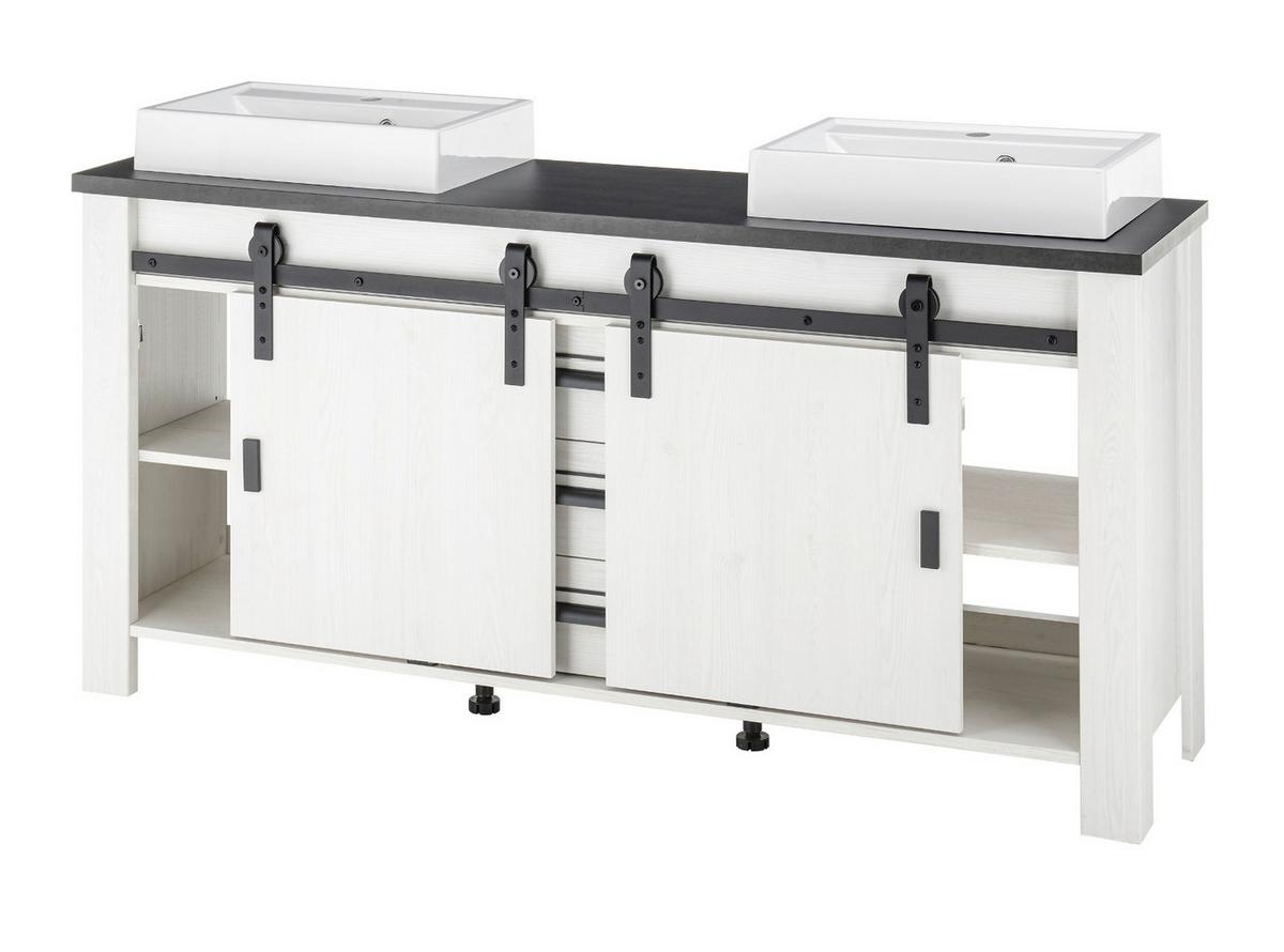 BADMÖBEL-SET weiß Pinie, anthrazit Landhaus, Doppelwaschtisch mit Waschbecken und LED - Anthrazit/Weiß, Holzwerkstoff/Metall (277/210/43cm) - Furn.Design