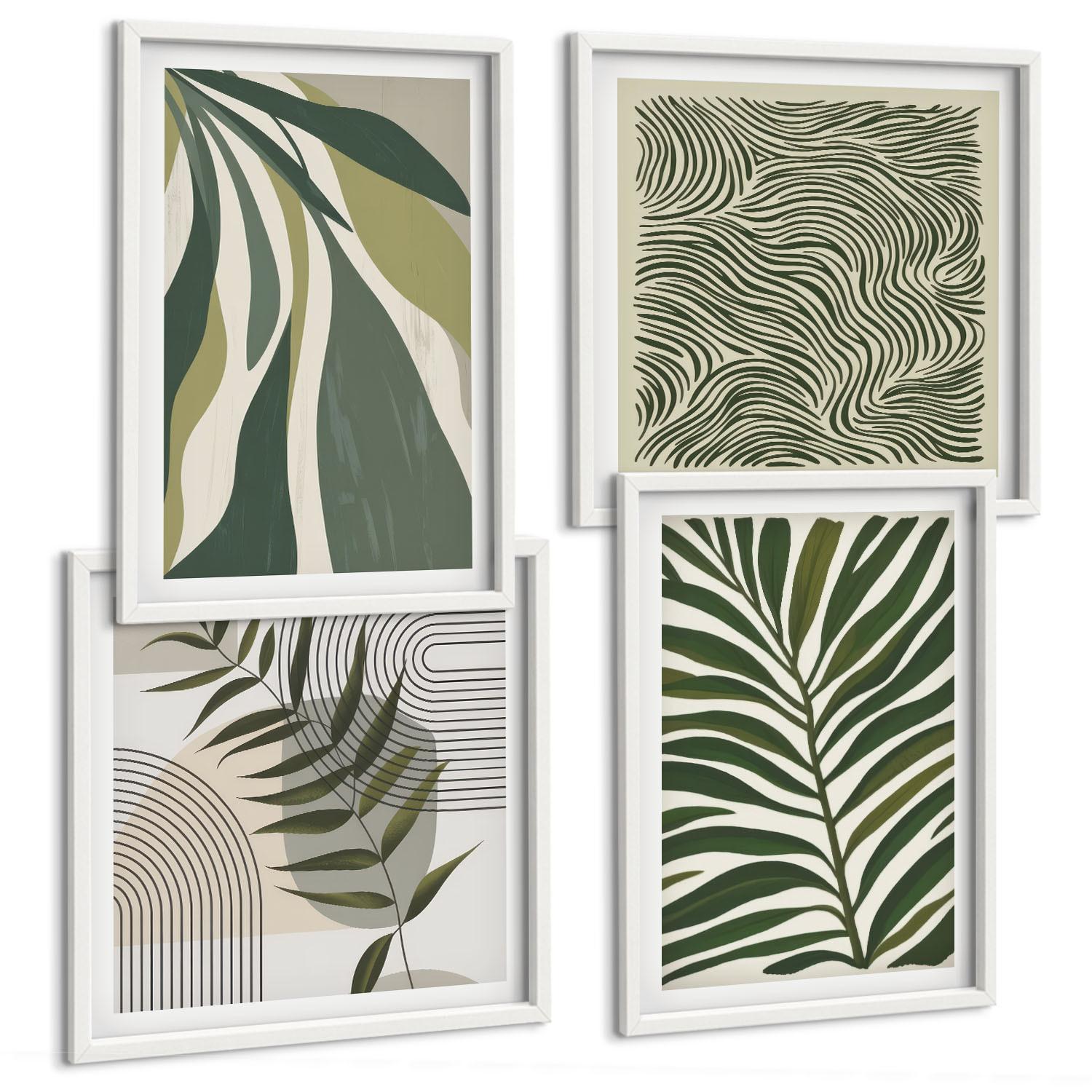BILDER SET 4er Set - 50x50 cm & 40x60 cm Weißer Rahmen - Blätter, Wellen – Pastellillustrationen - Weiß, Kunststoff (50/50cm) - TULUP