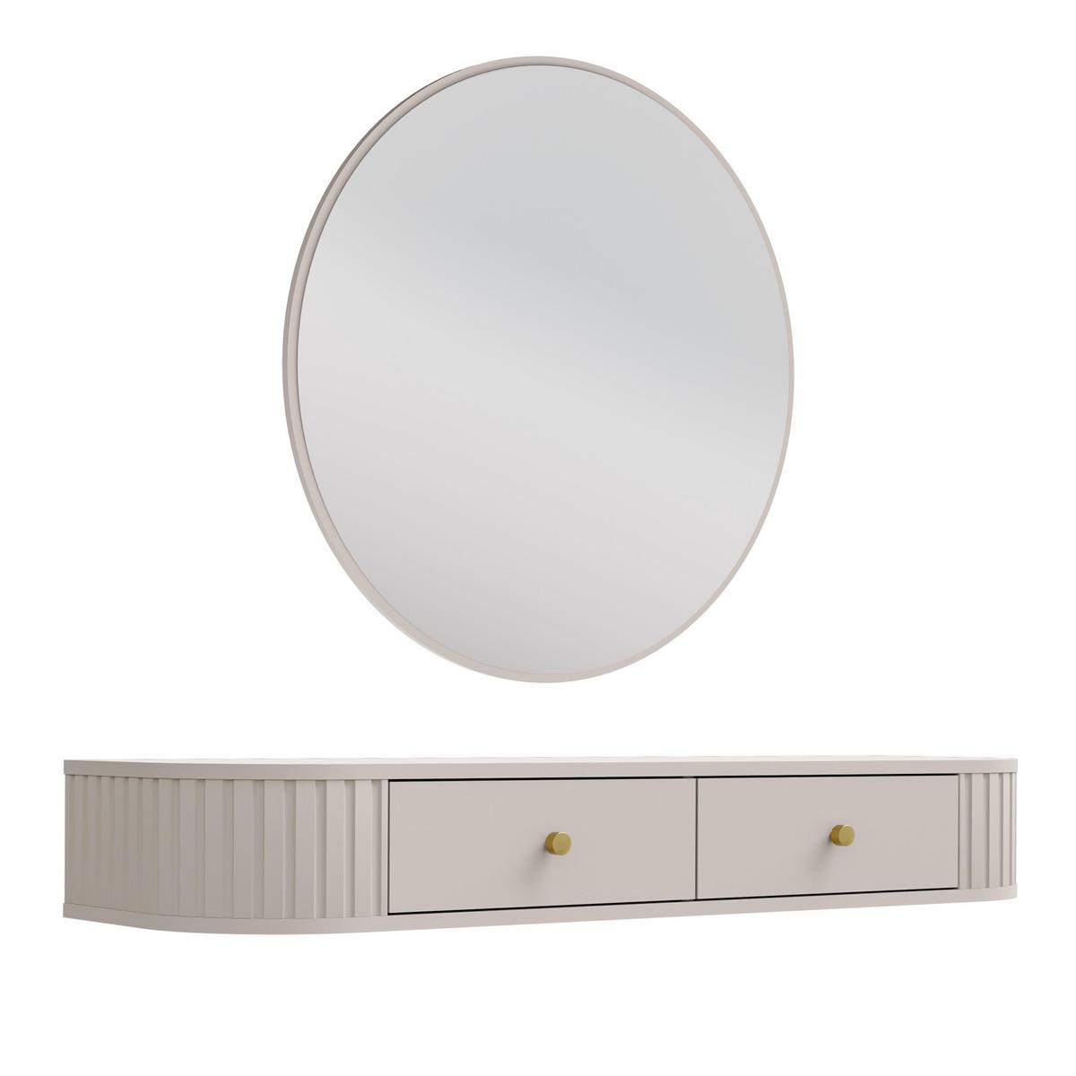 KONSOLENTISCH Halay Beige 2 Schubladen mit runden Kanten + Rund Spiegel 100 cm - Beige/Goldfarben, Holzwerkstoff/Metall (35.9/123/17.5cm) - AX Living