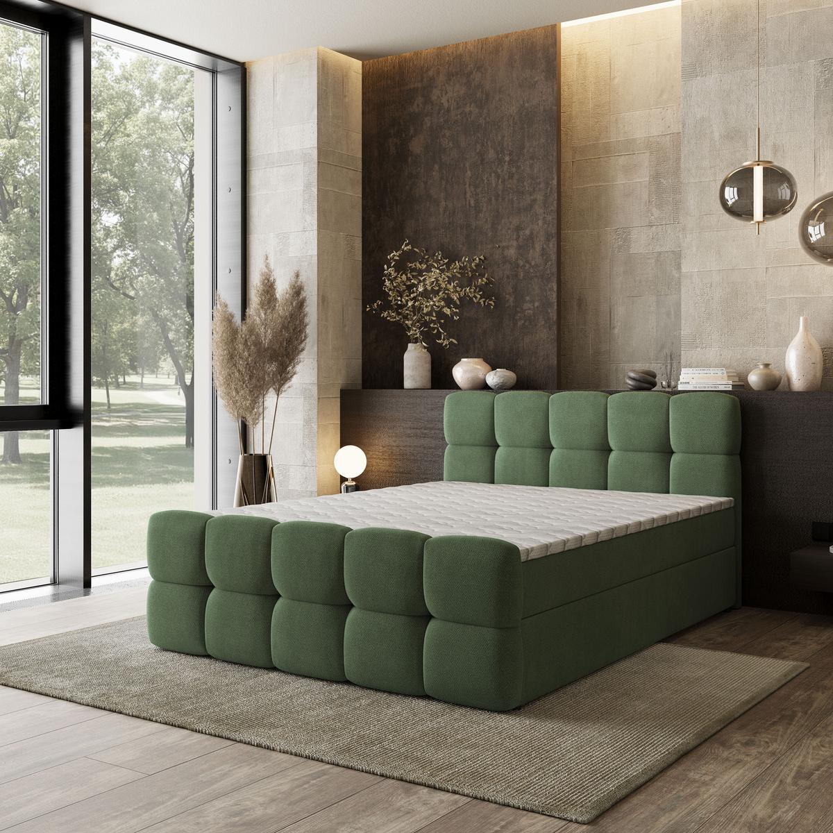 BOXBETT BRUME 200x200 cm mit Matratze und Topper, H2+H3 - Grün - Grün, Holz (200/200cm) - MASSENO