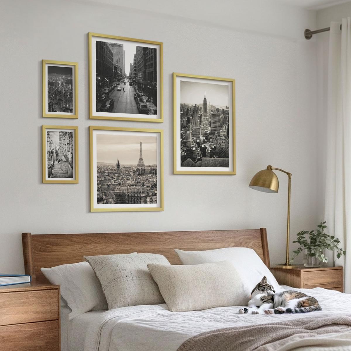 BILDER SET 5er Set - 50x50 cm & 20x30 cm & 40x60 cm Goldrahmen - Winterlandschaften, Wasserfälle, Nordlichter - Goldfarben, Kunststoff (40/60cm) - TULUP