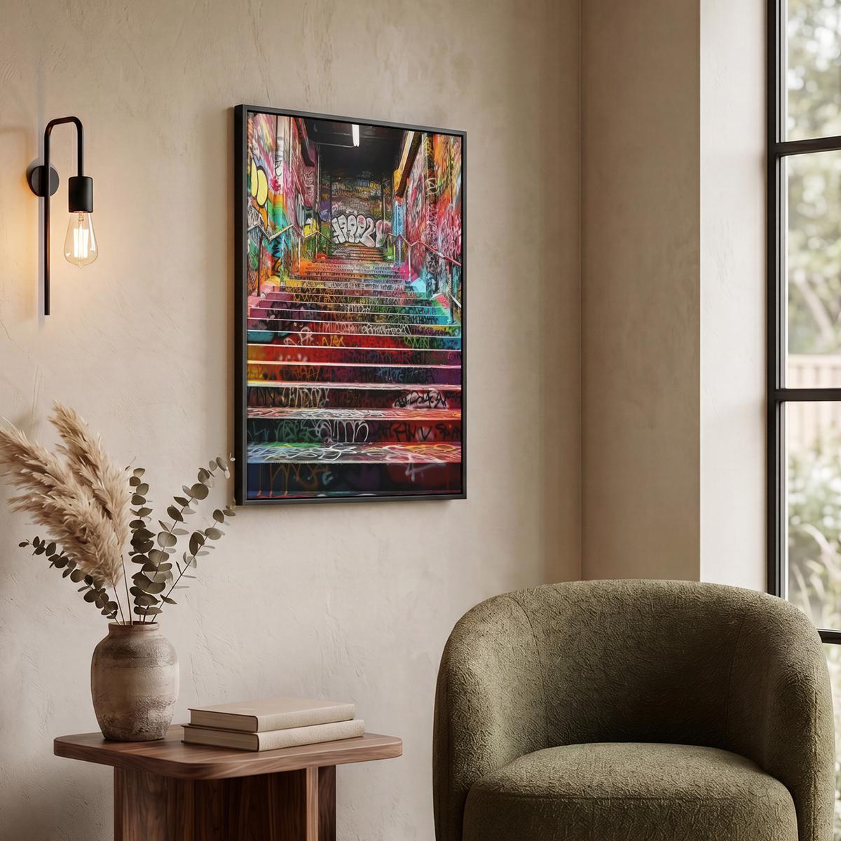 LEINWAND Bilder mit Rahmen - Treppe - Graffiti - Farben - Kunst - 60x80 - Multicolor, Textil (60/80cm) - MuchoWow