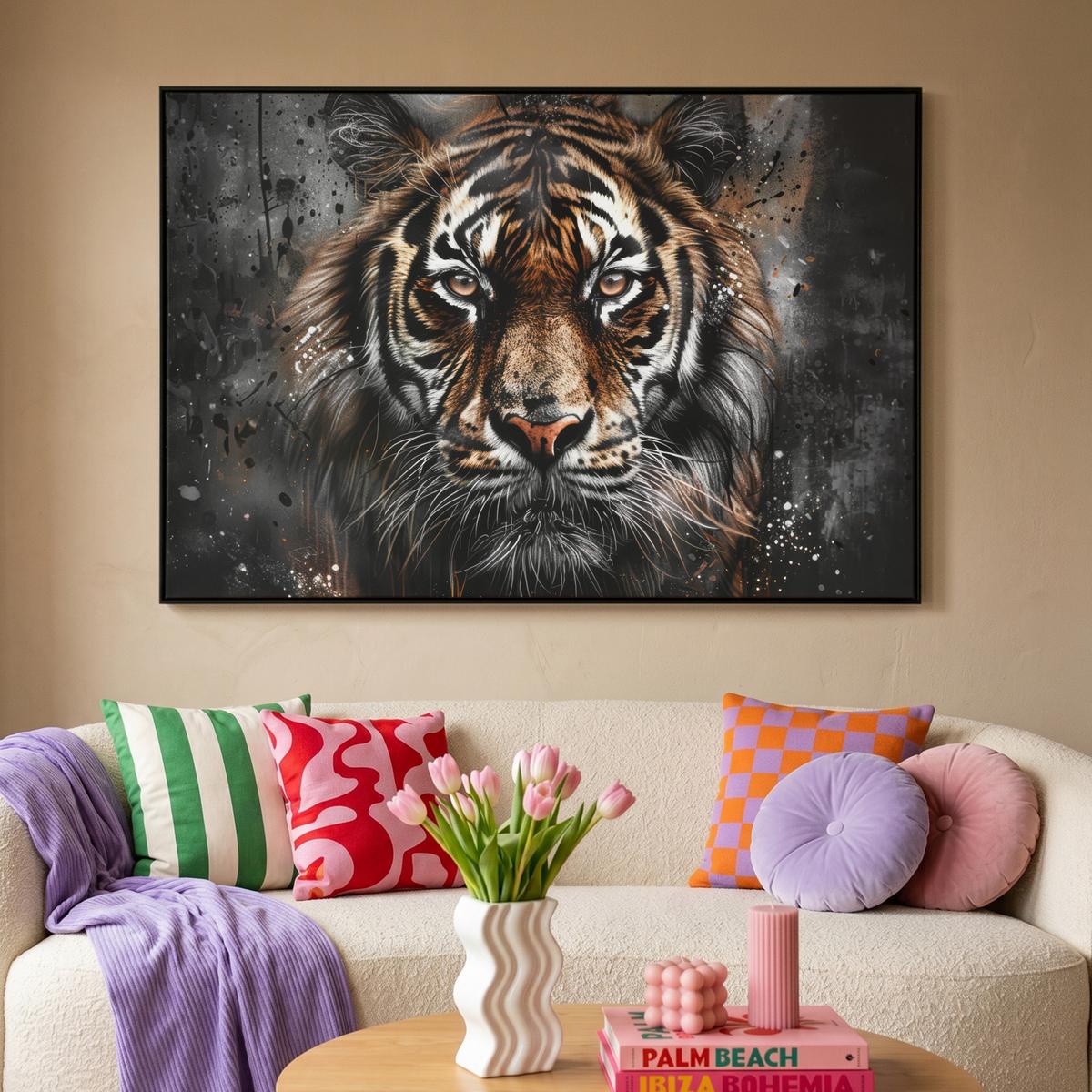 LEINWAND Bilder mit Rahmen - Tiger - Tiere - Porträt - Luxus - Schwarz - 120x80 - Braun, Textil (120/80cm) - MuchoWow
