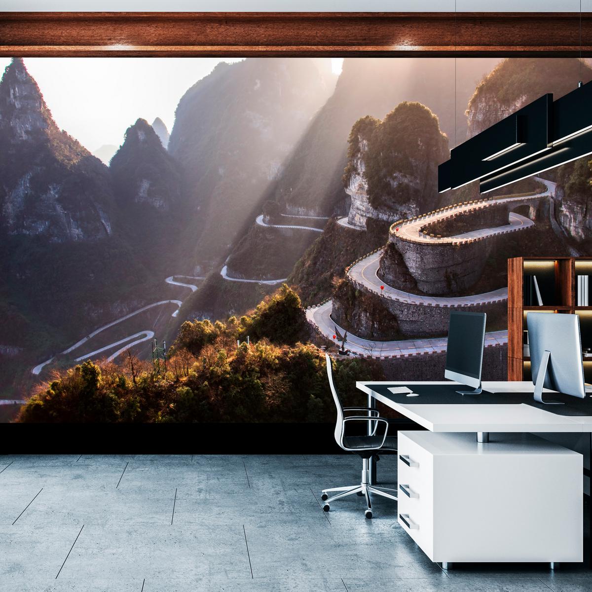 FOTOTAPETE für Wohnzimmer Felsige Bergstraße Sonnenuntergang 350x256 - Beige/Gelb, Papier (350/256cm) - Muralo