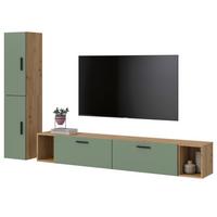 WOHNWAND grün, Eiche Artisan 249 x 184 cm, Wohnkombination hängend / stehend - Schwarz/Eiche Artisan, Holzwerkstoff/Kunststoff (249/184/34cm) - Inn.Furn