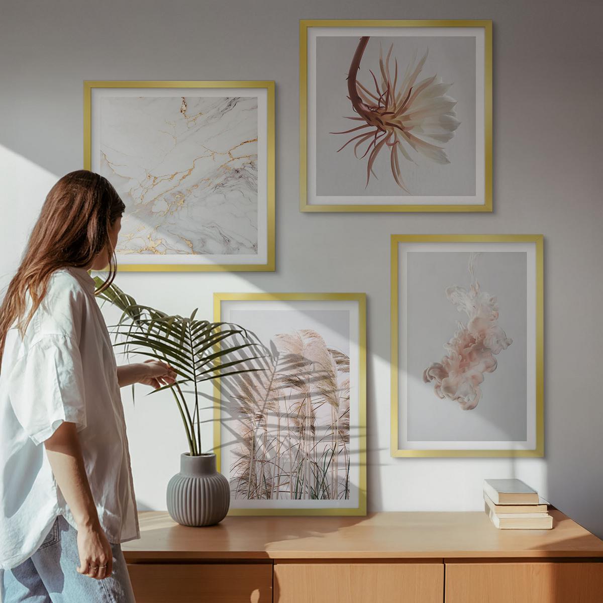 BILDER SET 4er Set - 50x50 cm & 40x60 cm Goldrahmen - Elegante Gräser, Blumen, Marmor - Goldfarben, Kunststoff (50/50cm) - TULUP