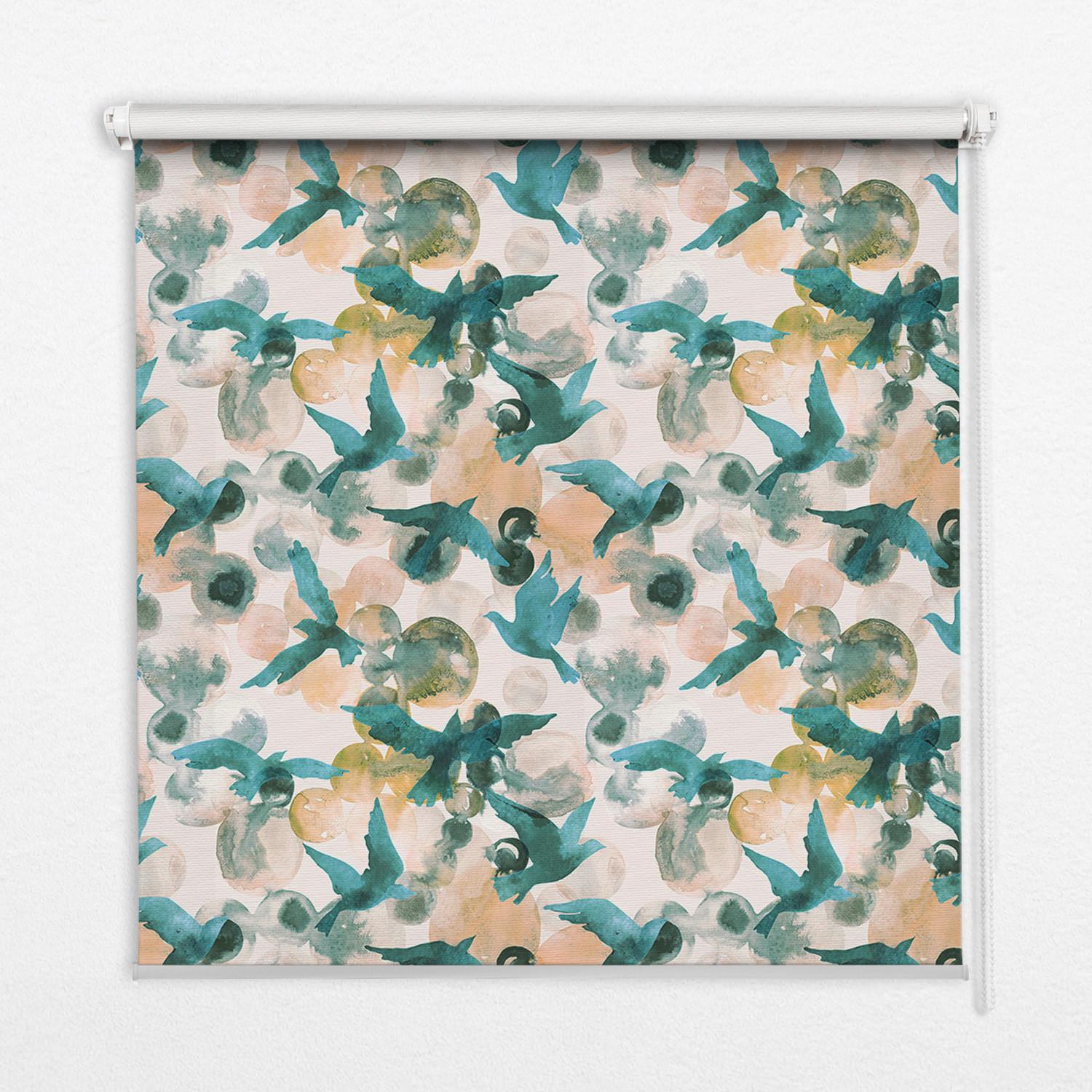 INNENROLLO - Fensterrollo - Rollo - 120x140 cm - Vögel und farbige Flecken - Blau, Kunststoff (120/140/0.5cm) - TULUP