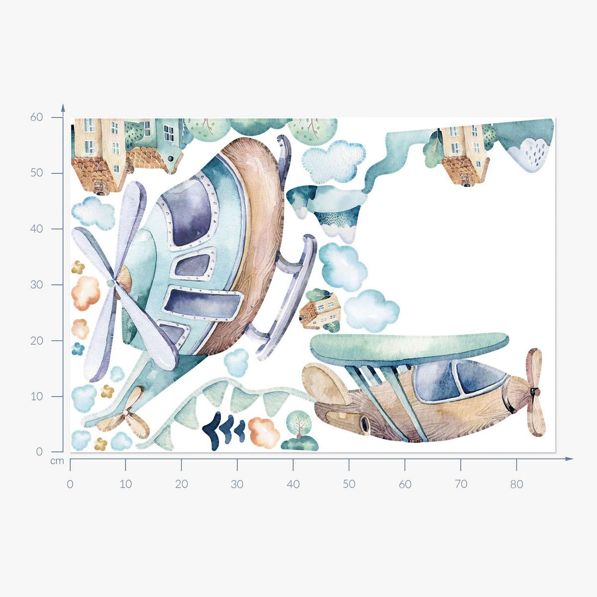 WANDAUFKLEBER 60x87cm - Hubschrauber und Flugzeug - Multicolor, Kunststoff (60/87/0.1cm) - Wallfluent