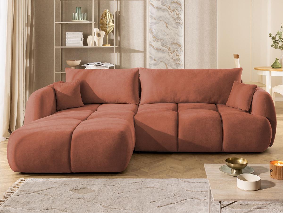 ECKSOFA Loretto aus natürlichem Terrakotta Webstoff mit Schlaffunktion, Bettkasten und tiefen Steppungen in Bubble-Optik - Terracotta/Schwarz, Holz/Kunststoff (180/275cm) - S-Style