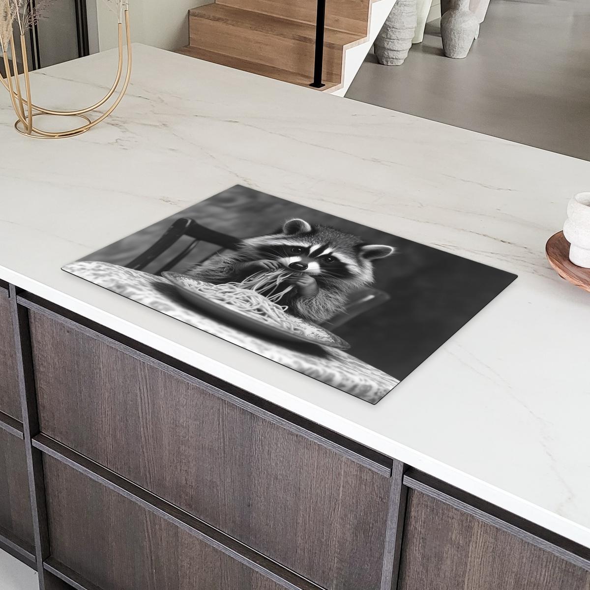 HERDABDECKPLATTE Waschbär - Niedlich - Pasta - Tischtuch - Schwarz - Weiß Ceranfeldabdeckung 80x52 cm - Grau, Kunststoff (80/52/0.2cm) - MuchoWow