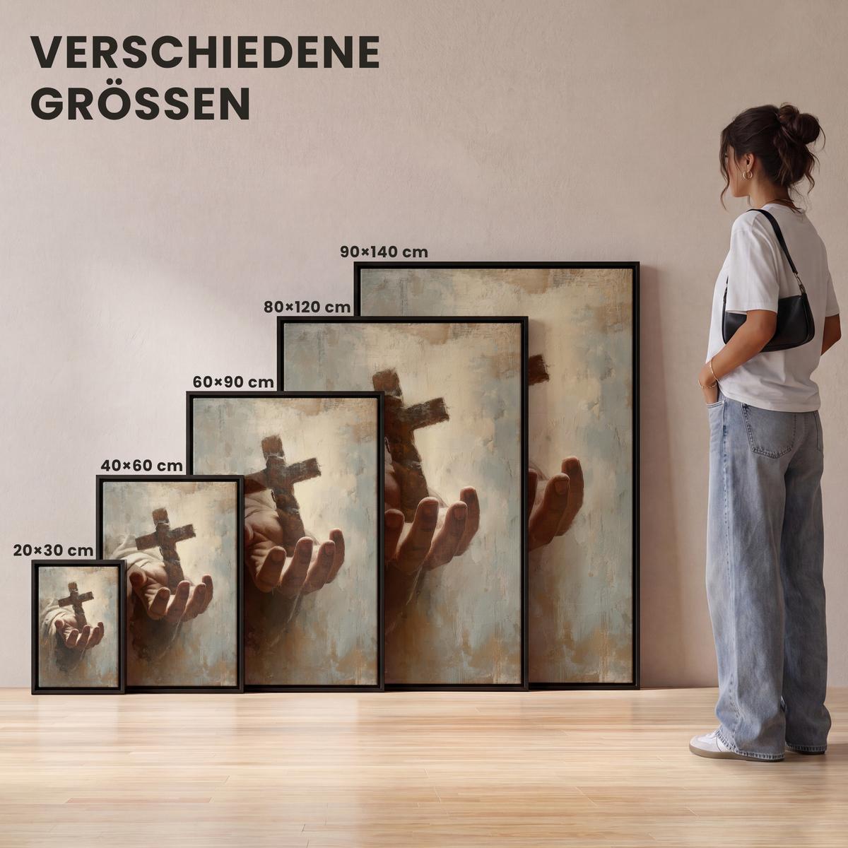 LEINWAND Bilder mit Rahmen - Abstrakt - Kreuz - Hand - Christentum - 20x30 - Hellbraun, Textil (20/30cm) - MuchoWow