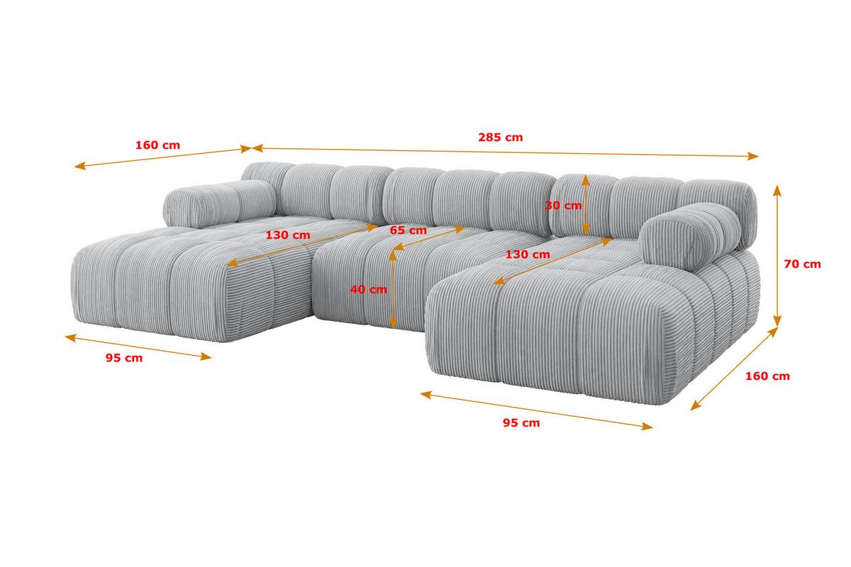 WOHNLANDSCHAFT modulares Sofa Tesso-U1 - 285x160x70 cm Grau Cord - Grau, Holzwerkstoff/Textil (285/70/160cm) - ALTDECOR