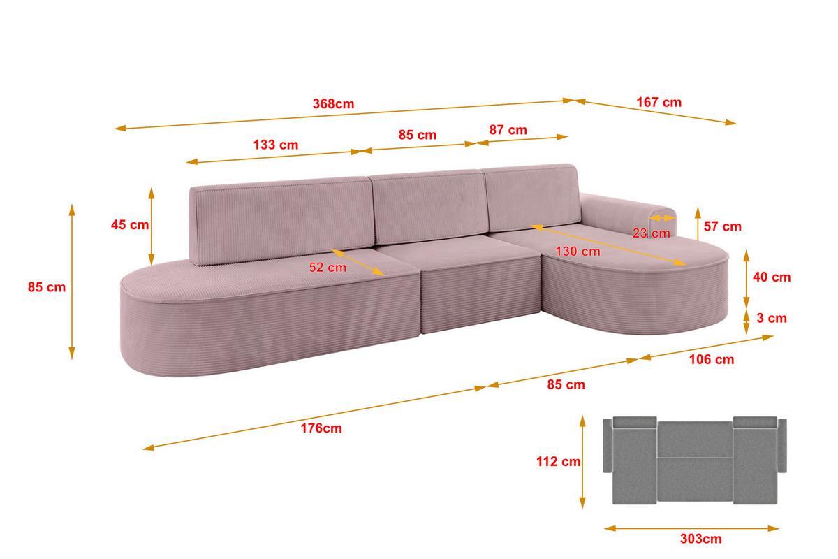 ECKSOFA mit Schlaffunktion Ottomane RECHTS MARI L2-S 368X167X85 Rosa Cord - Schwarz/Rosa, Holzwerkstoff/Kunststoff (167/368cm) - ALTDECOR