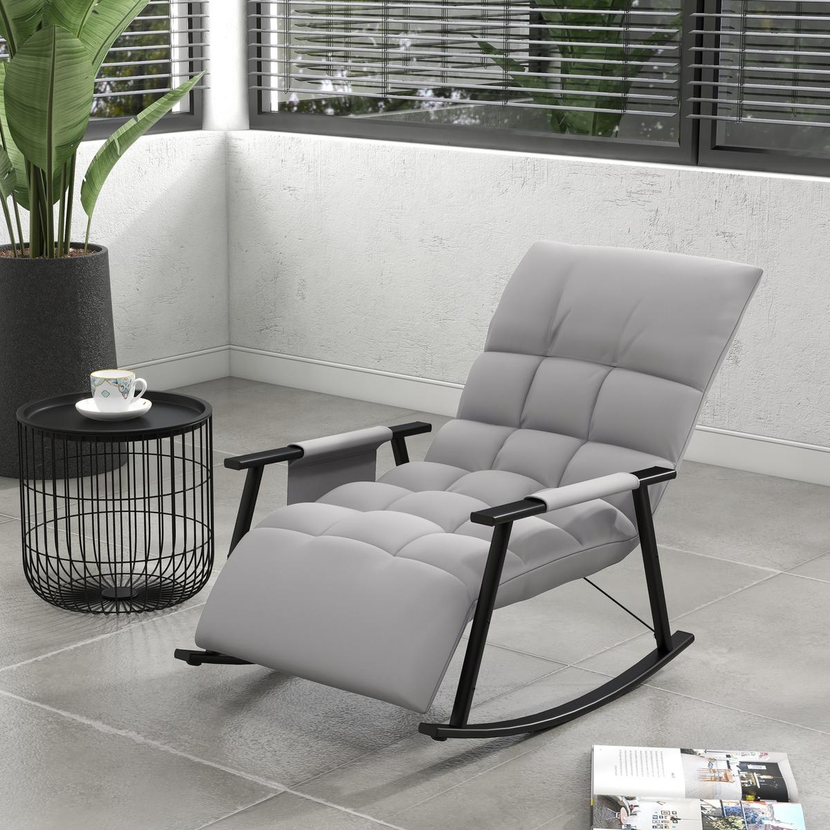 SCHAUKELSTUHL Sessel Relaxsessel mit Fußstütze, Schaukelsessel mit Seitentasche - Grau, Kunststoff (134/70/60cm) - HOMCOM