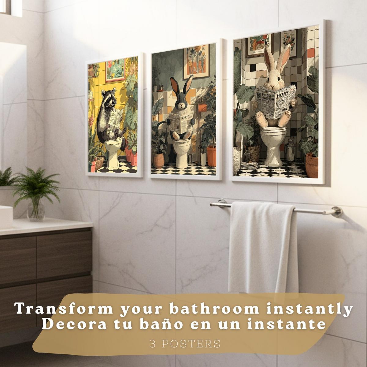 POSTER 3er-Set Tierdrucke im Badezimmer, lustige Waschbär- und Kaninchen-Dekorationsbilder im modernen Vintage-Stil für und Toilette Rahmenlos A3 - Klar, Papier (42/29.7/3cm) - Nacnic