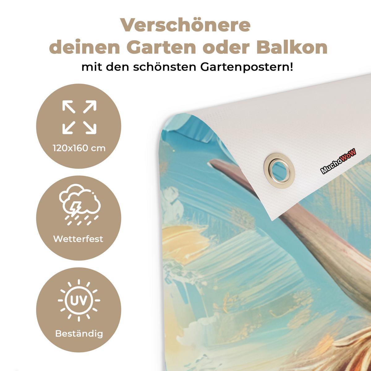 GARTENPOSTER Schottische Hochländer - Natur - Farbenfroh - Blumen Gartendekoration 120x160 cm - Hellblau, Kunststoff (120/160/0.2cm) - OnlyWow