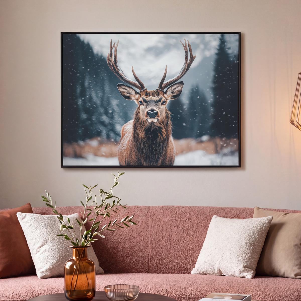 LEINWAND Bilder mit Rahmen - Hirsche - Tiere - Landschaft - Winter - Schnee - 100x70 - Kastanienfarben, Textil (100/70cm) - MuchoWow