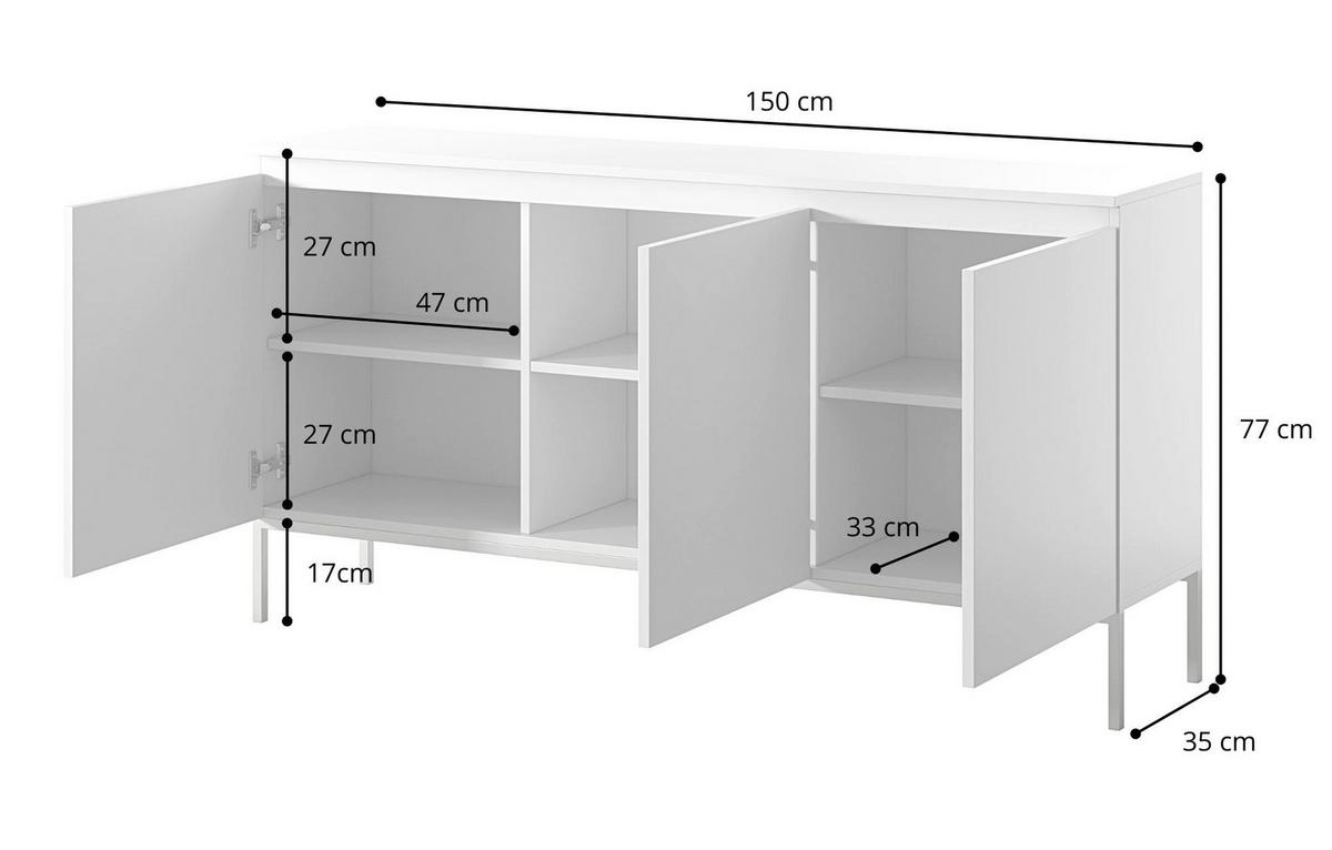 SIDEBOARD Bemmi Weiß mit schwarzen Beinen 3-türig 150 cm - Schwarz/Weiß, Holzwerkstoff/Metall (150/77/35cm) - Selsey