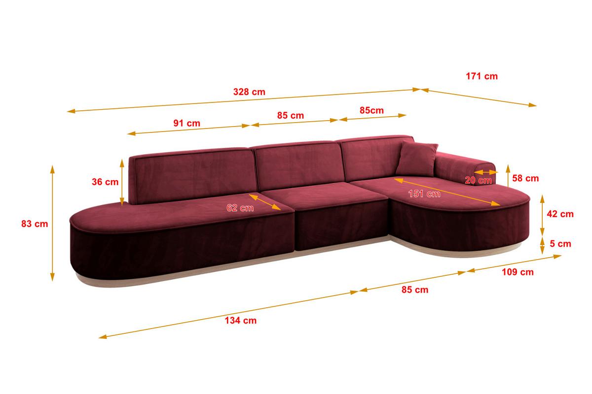 ECKSOFA Ottomane Rechts MARI-L2-v1 - 328x171x83 cm Bordeaux Velours - Bordeaux, Holzwerkstoff/Textil (171/328cm) - ALTDECOR